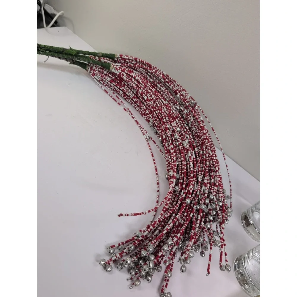 4 RED & WHITE BEADED‎ BELL PICKS WIRED STEM for WREATH VASE TREE DECORATION